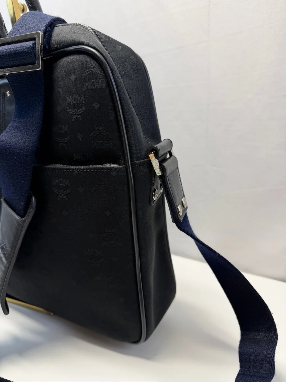 MCM Black Leather Briefcase with Navy Strap